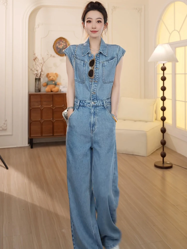 

Джинсовый комбинезон с высокой талией в американском стиле ретро, женские утягивающие летние модные широкие брюки