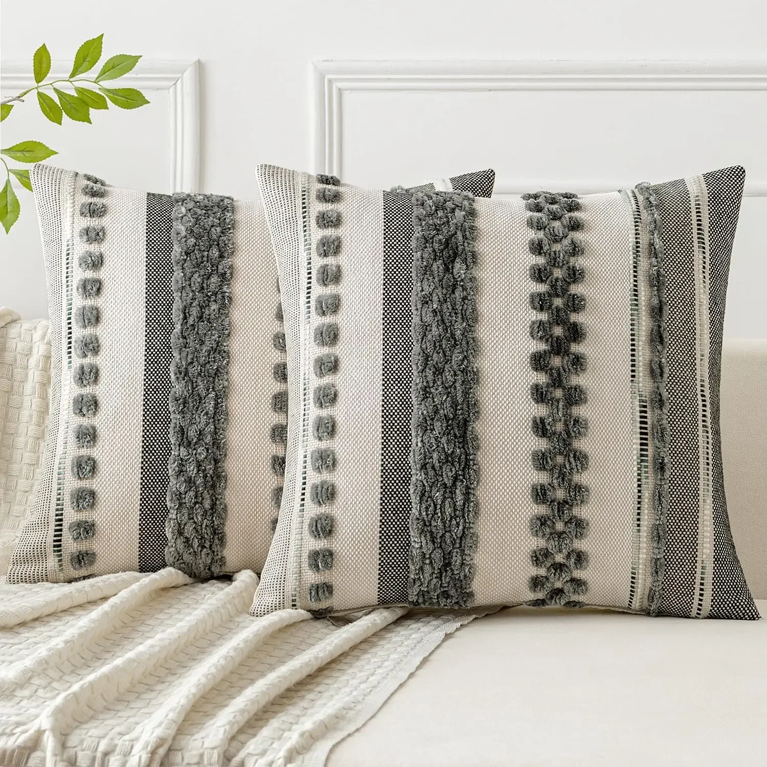 Grauer Boho-Kissenbezug, 45,7 x 45,7 cm, Dekor-Kissenbezüge, mehrfarbig, gestreift, Chenille-Kissenbezug, Akzent-Kissenbezug für Sofa