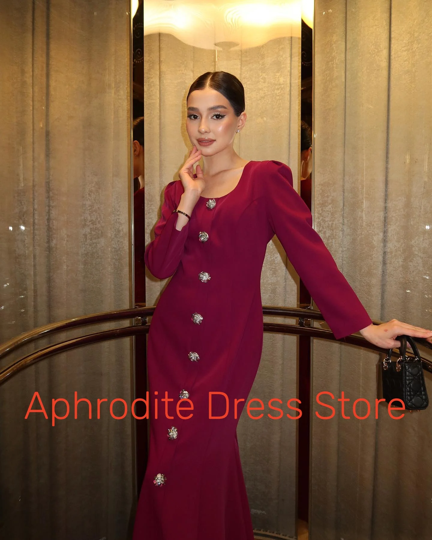 Customized Exquisite Jersey Mermaid Buttons Evening Dresses High Quality Long Sleeves Cocktail Dress Custom Size Party