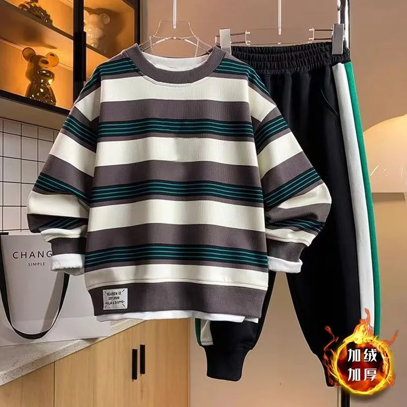 

Boys Fleece Sweatshirt Sets Teenager Striped Hoodies+Pants 2Pcs Outfits New Autumn Winter Casual Suits Kids Handsome Clothing