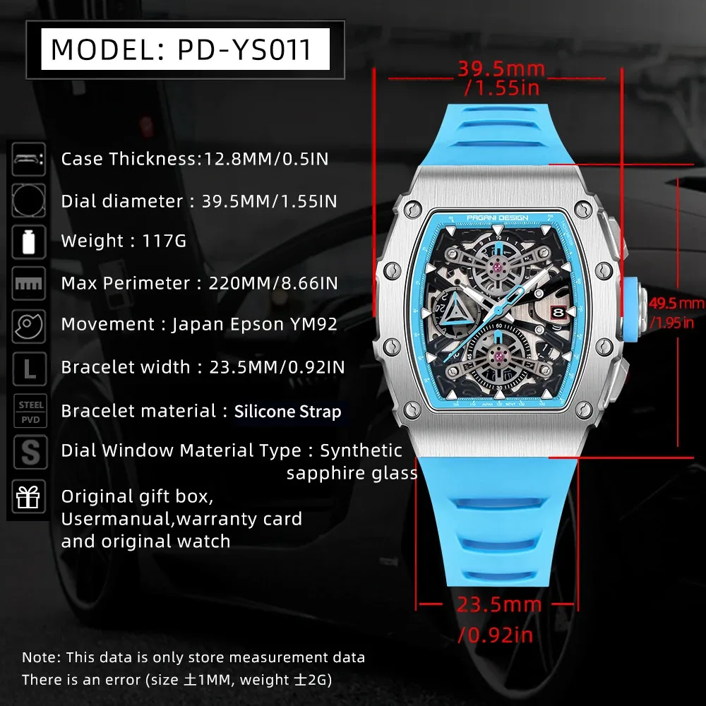 Pagani Design Men\'s Quartz Watches Japan Movt Skeleton Dial Waterproof Sport Rectangle Sapphire Glass Chronograph Watch For Men