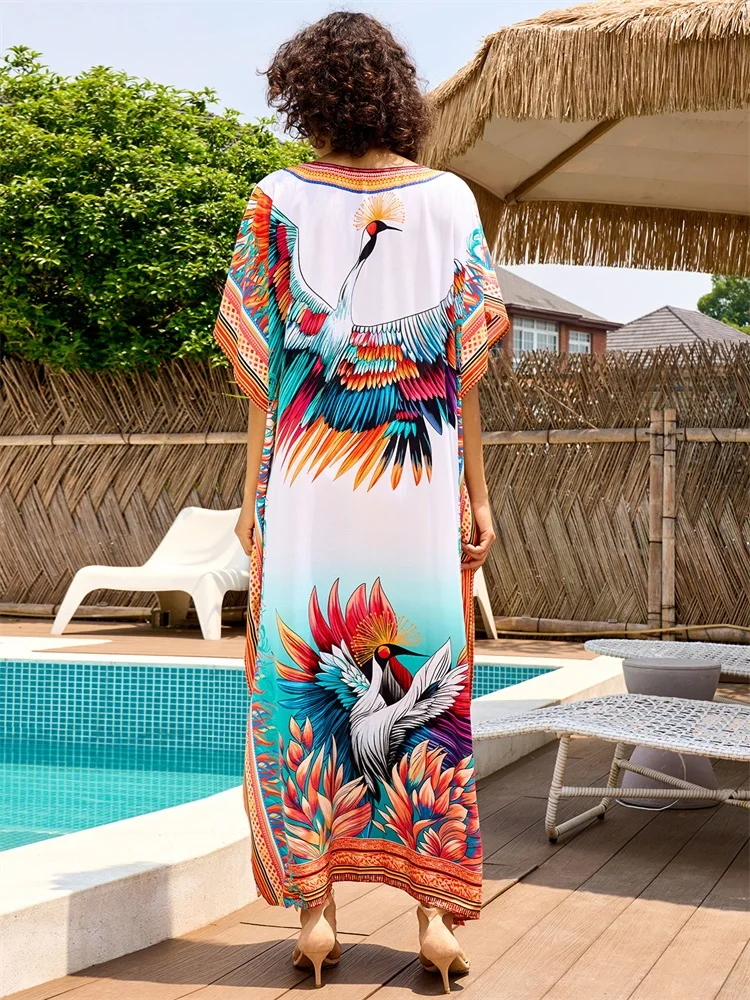 Sexy Swimsuit Cover-ups Plus Size Kaftan 2024 Women Classy Crane Print V Neck Bat Sleeve Beach Dress Summer Cozy Homewear Q16744