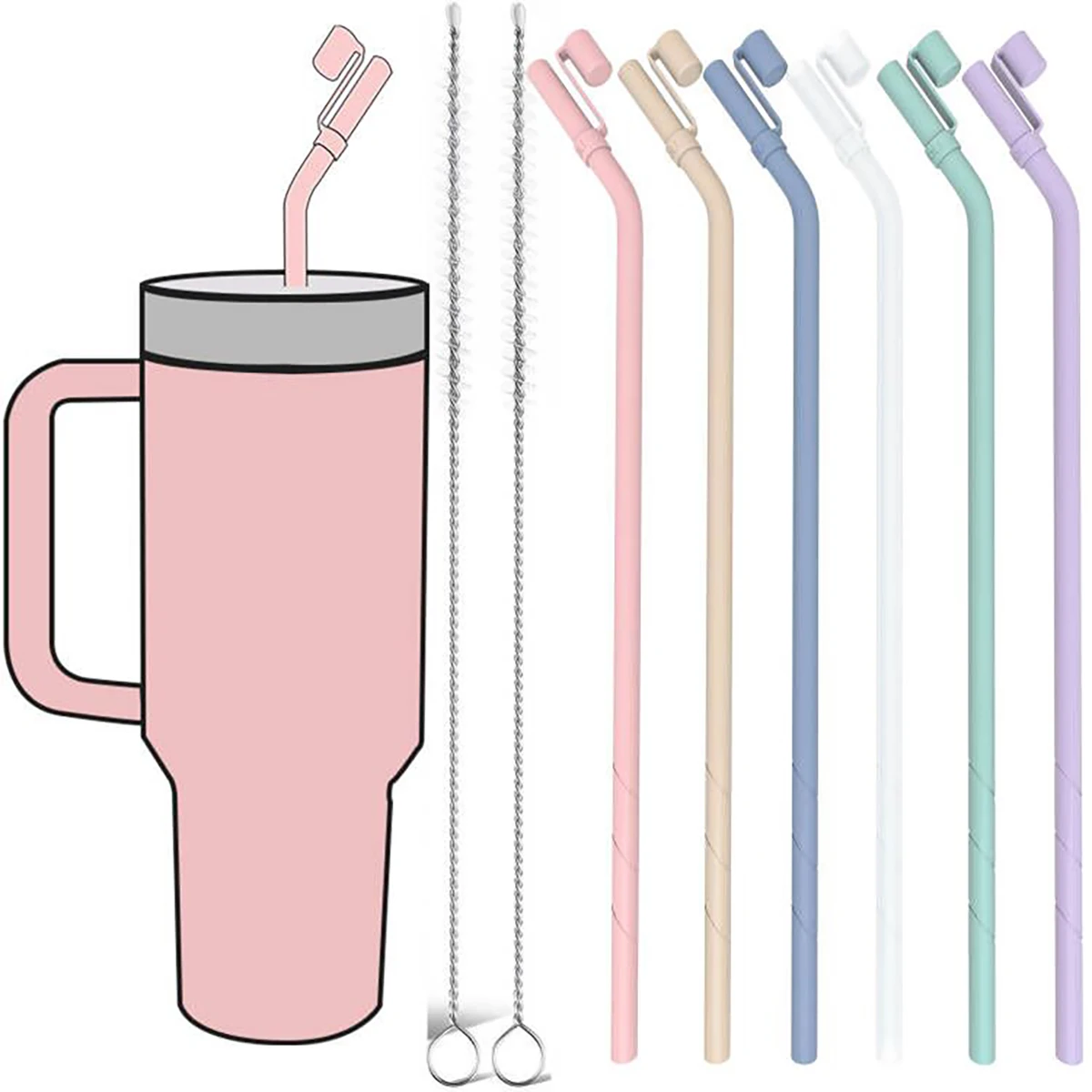 6 Pcs Bent  Replacement 13 inch Long Silicone Straw With Straw Cover,Compatible with Stanley 40 oz 30 oz Cup Tumbler