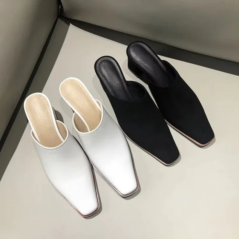 Cowhide women's shoes summer new British style high-heeled small leather shoes with toe caps and half slippers for women