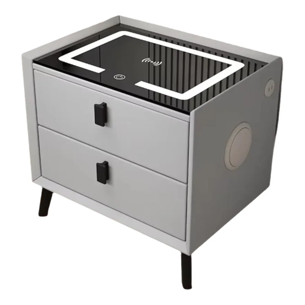 Luxurious Solid Wood Nightstand with Three Drawers Smart Bedside Table Compact Bedroom Furniture with Leather Accents And Wirele