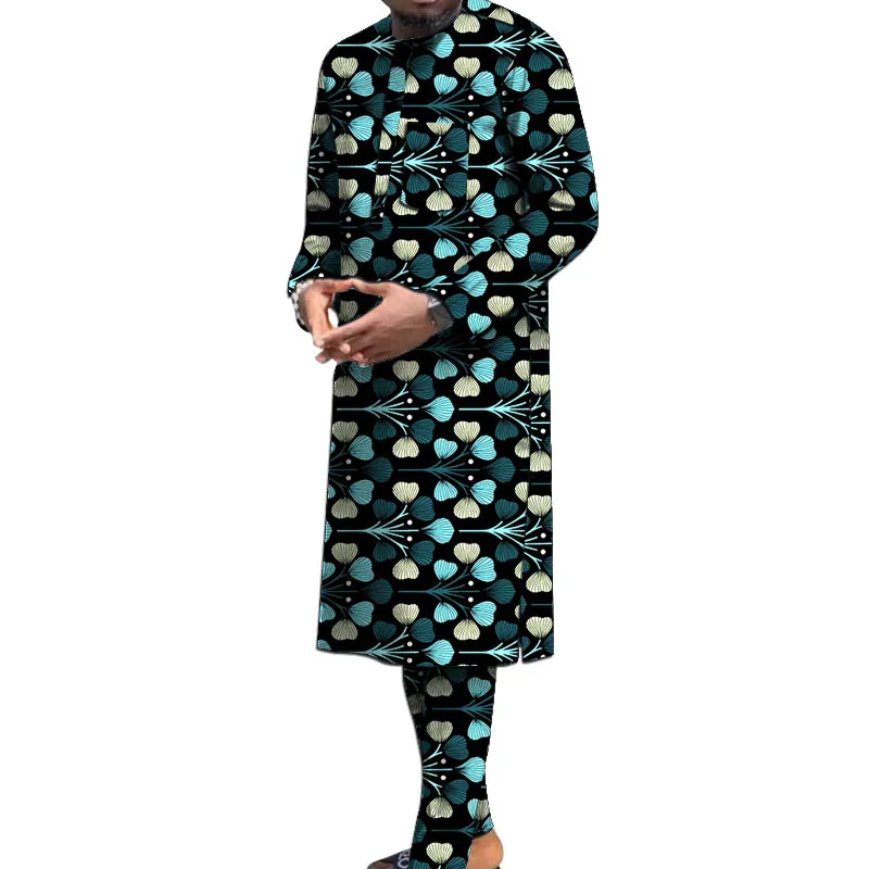 Original Design Nigerian Print Men’s Set Long Shirt Patch Elastic Waist Pants Tailored African Ethnic Costumes Party Wear