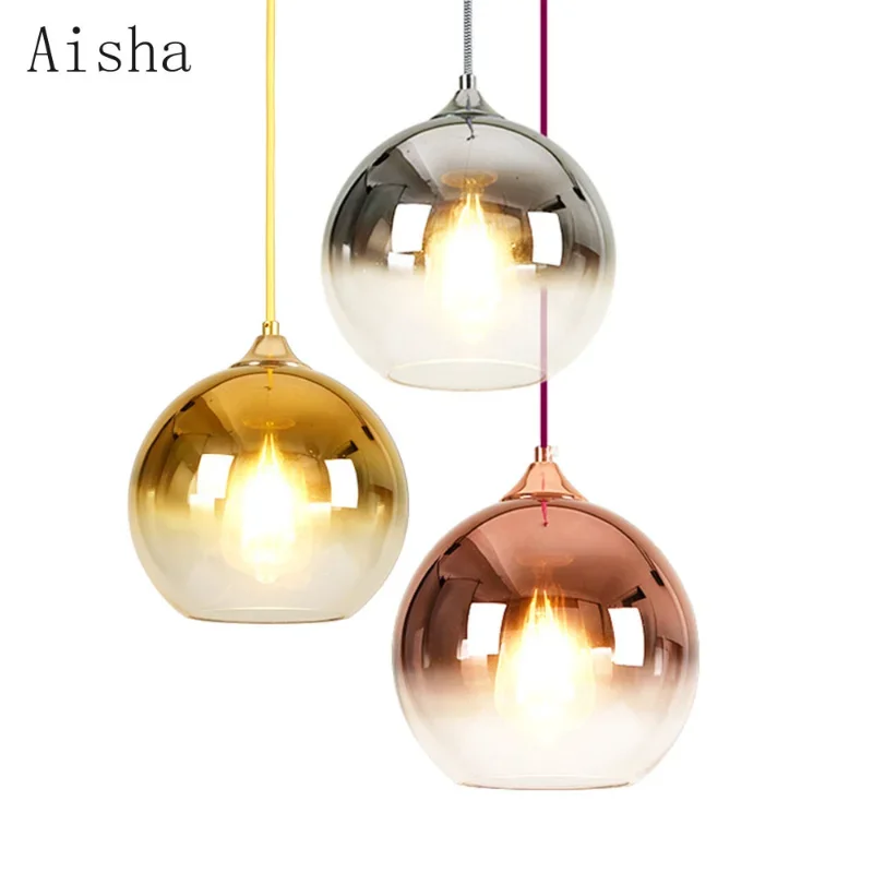 Nordic Gradient Glass Pendant Lamp Electroplated 15/20/25/30cm Ball Hanging Light for  Living Room Bedroom Dining Room Hanging