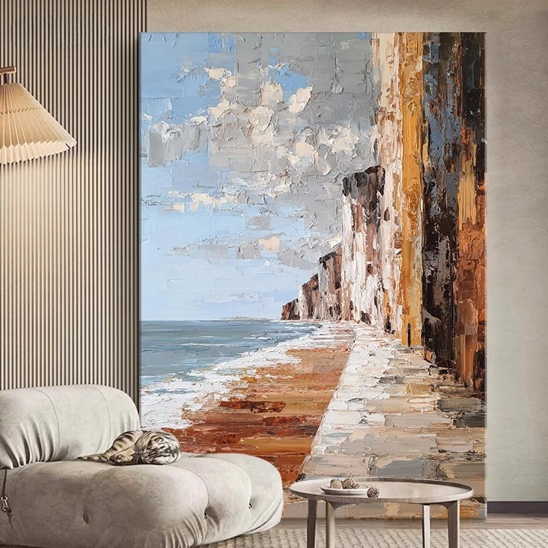 Coastline pure hand-painted oil painting light luxury living room decorative painting texture porch American retro hangin