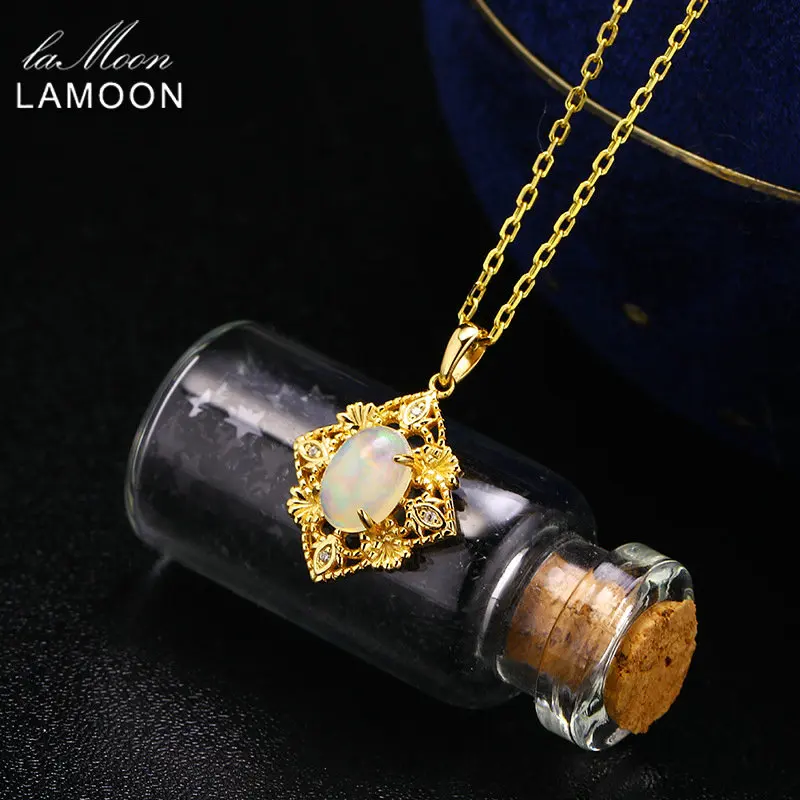 

LAMOON Natural Opal Necklace For Women Gemstone Pendant 925 Sterling Silver Chain Gold Plated Oct Birthstone Gift Vintage NI165