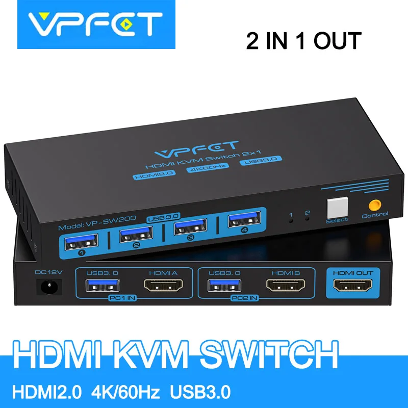 

HDMI KVM Switch 1 Monitor 2 Computers 4K@60Hz USB3.0 KVM Switch HDMI Port for 2 Computers Share Keyboard Mouse and Monitor VPFET
