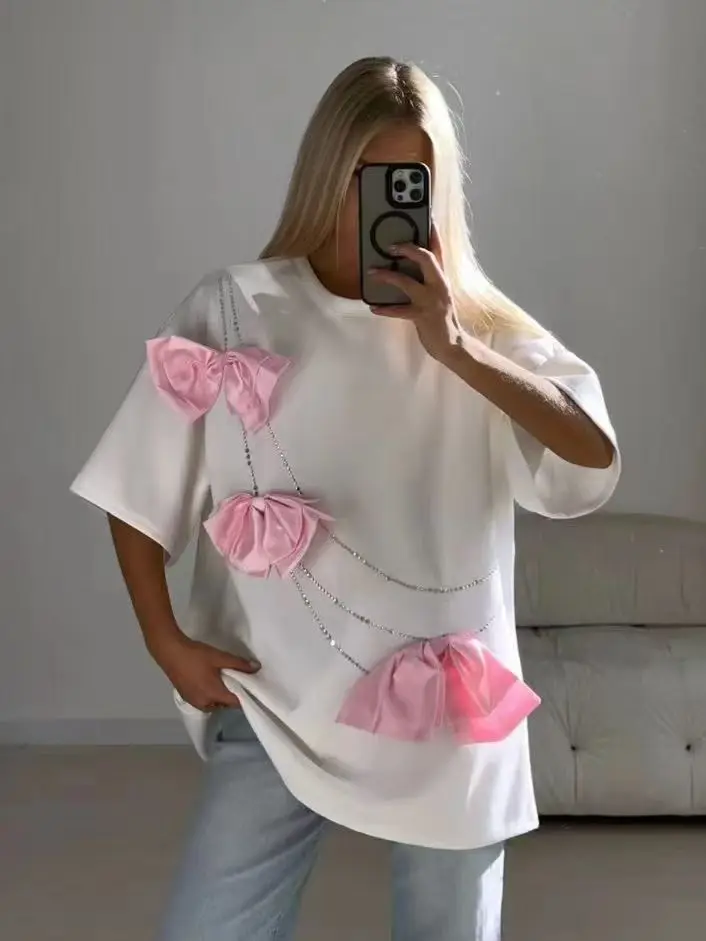 3D Bowknot Fashion Cotton T-shirt Hot Drill Chain Streetwear Top Oversized O Neck Casual Tee Loose Shirt for Women Summer 2025