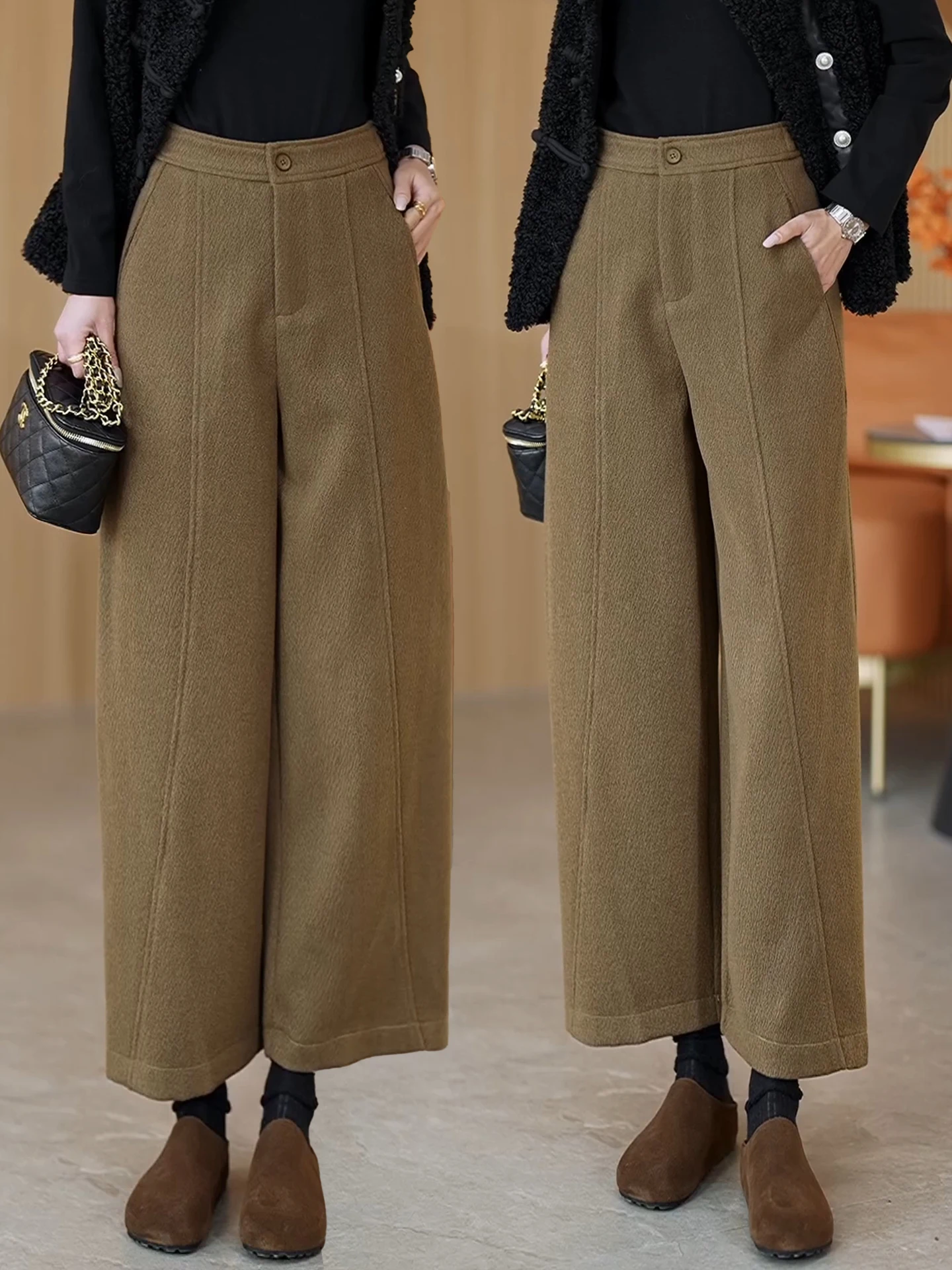 

Женские брюки-палаццо с высокой талией, осенне-зимние, повседневные, укороченные, свободного кроя, из полиэстера и модала