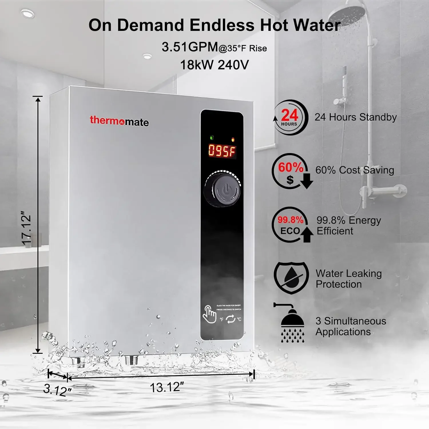Water Heater Electric 18kW 208~240 Volt, thermomate On Demand Instant Endless Hot Water Heater, Digital Temperature Display Easy