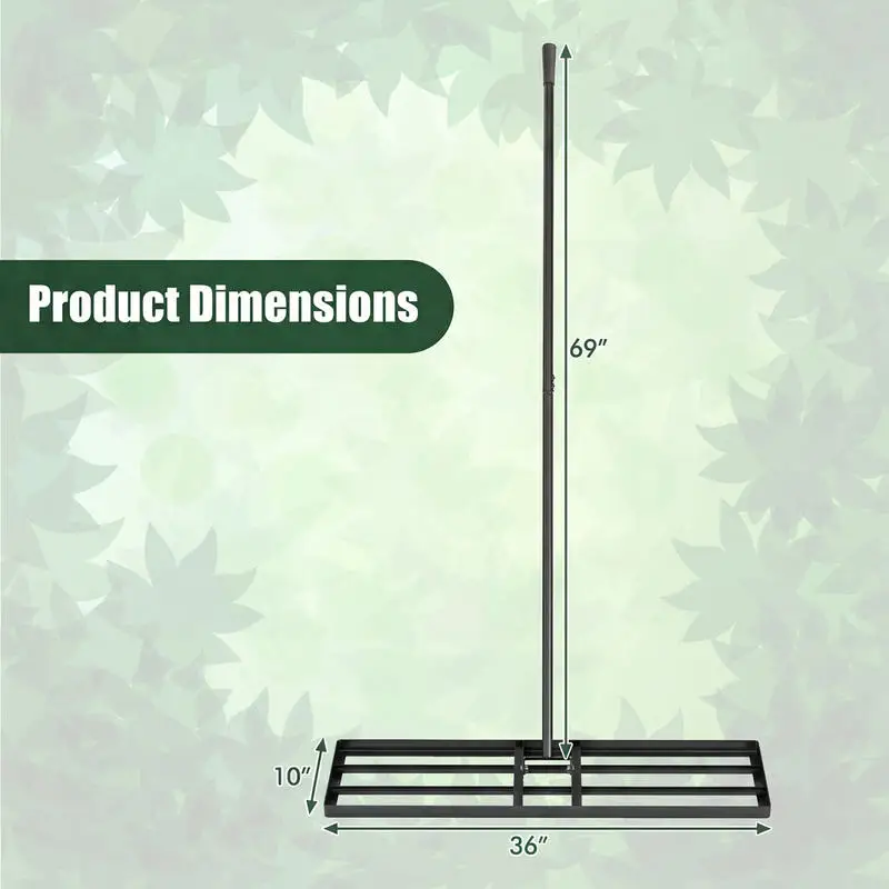Lawn Rake 91x25 Cm Metal Construction With Ergonomic Handle For Garden Soil Leveling And Grass Maintenance Tool Black