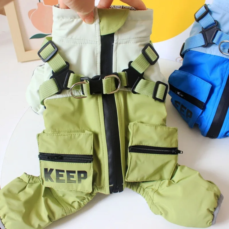 

2026 New Winter Dog Jumpsuit Thick Warm Cotton Double Pockets 4-Legged Pet Clothes Outfit with Traction Adjustment