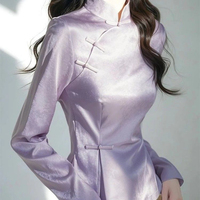 2025 Spring Purple Satin Shirt Women's New Chinese Style Cheongsam Blouse Slanted Collar Frog Buttons Elegant Retro Qipao Top