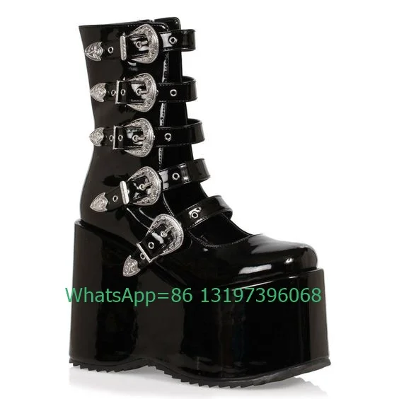 

Lady Platform Metallic Pu Gothic Style Ankle Boots Buckle Strap Cut-Out Mary Janes Boots Footwear Size 35-46 New Arrive Runway