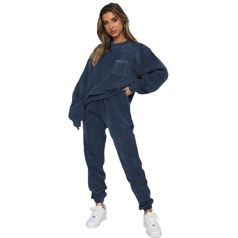 

Autumn Winter New Corduroy Pants Sets Women Solid Color Casual Long Sleeve Pullover Trousers Two Piece Set Female Commuting Suit