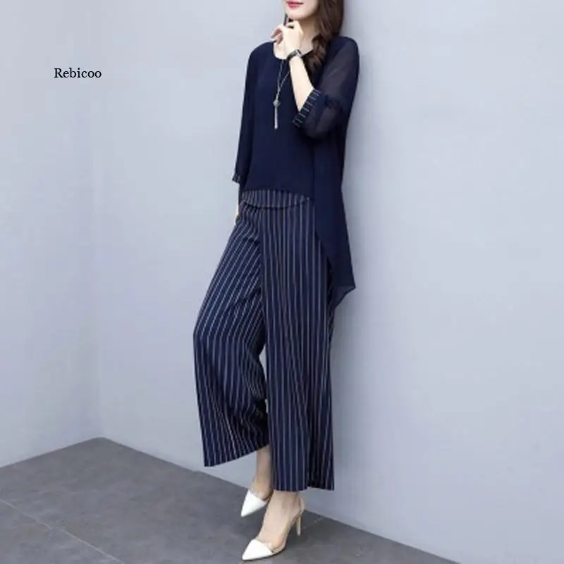 Chiffon Pantsuits Women Pant Suits For Mother of the Bride Outfit 2022 Formal Wedding Guest Striped Wide Leg Loose 3 Piece Sets