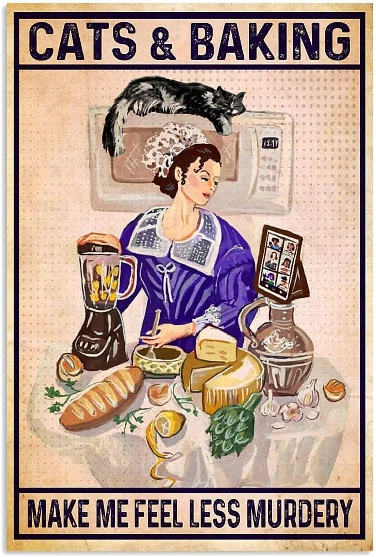 Funny Baking Kitchen Decor Cats and Baking Make Me Feel Less Murdery Retro Metal Tin Sign Vintage Sign for Home Coffee Wall sign