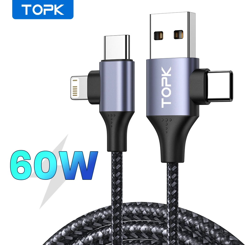TOPK 2 في 1 USB نوع C إلى USB C كابل آيفون 15 60 واط/3A PD شحن سريع شاحن الحبل لماك بوك Xiaomi سامسونج نوع-C كابل