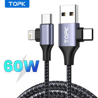 TOPK 2 IN 1 USB Type C To USB C Cable For iPhone 15 60W/3A PD Fast Charging Charger Cord For Macbook Xiaomi Samsung Type-C Cable