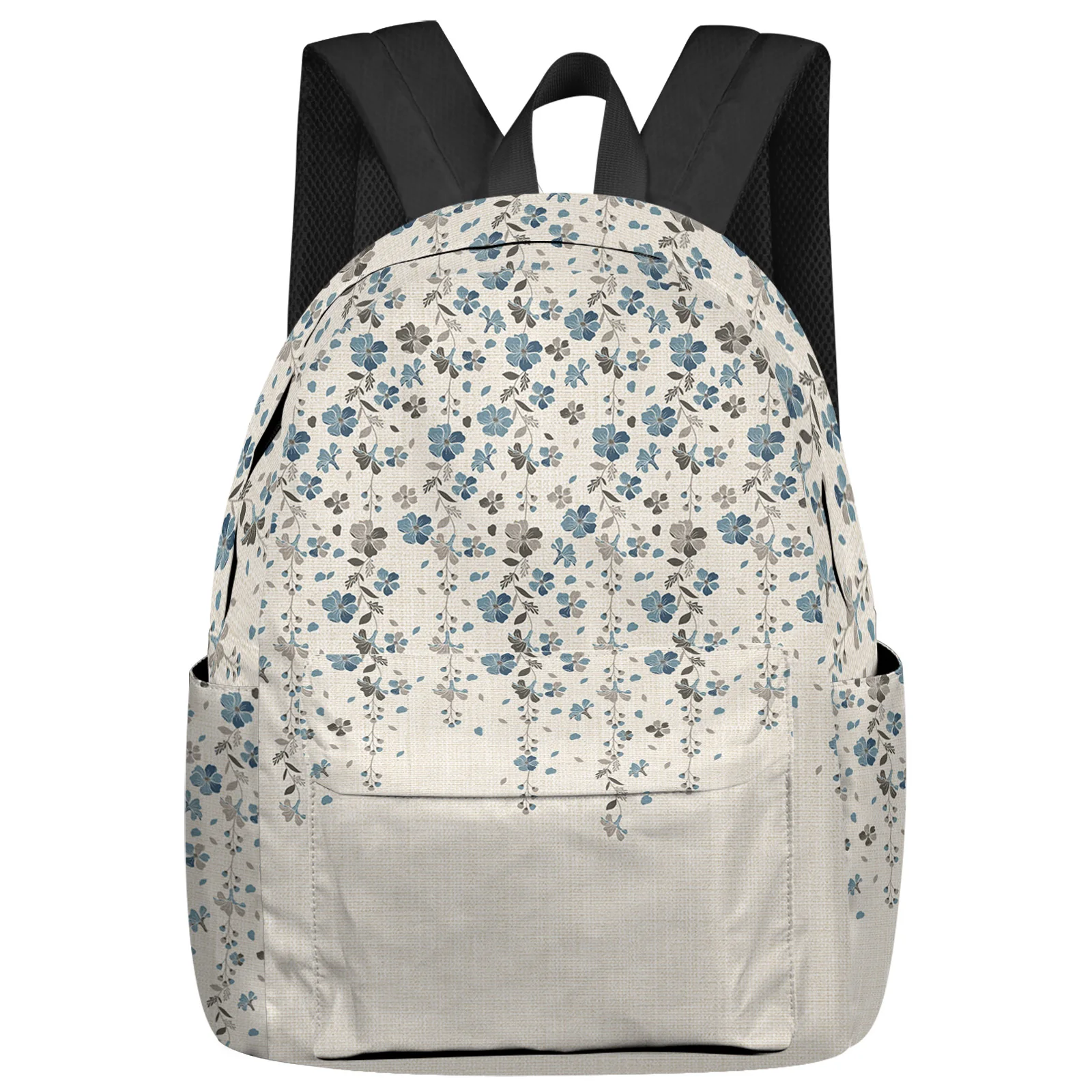 

Blue Grey Flower Cotton Linen Student School Bags Laptop Custom Backpack For Men Women Female Travel Mochila