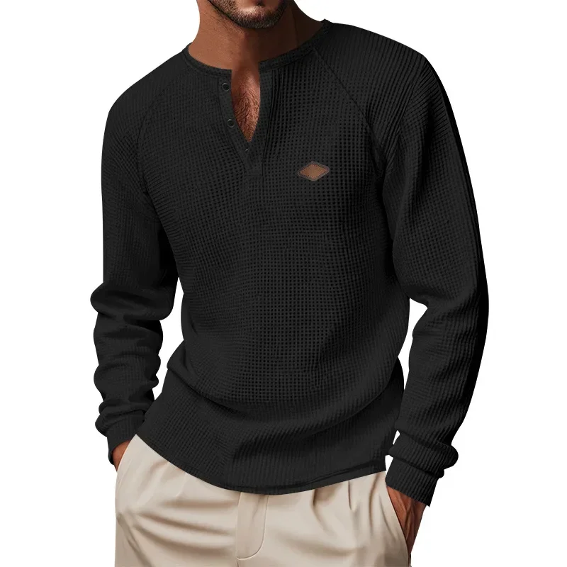 Cross-border Men's Casual American Spring and Autumn Book Waffle Ffle Button Quick Dryg Henry T-shirt Long Sleeve