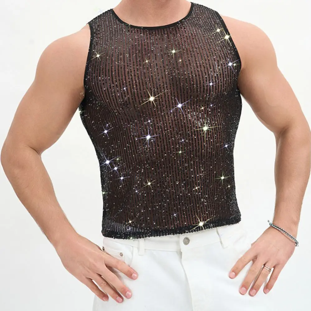 Sequin Embellished Sequin Tank Top Iridescent Shine Sleeveless Mesh Tank Top Round Neck Sheer Mesh Sparkle Party Top Dance Party