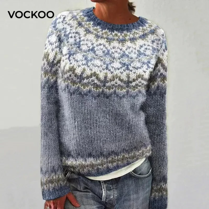 

Новый женский свитер с круглым вырезом, в стиле колор-блок, свободного кроя, модный вязаный пуловер, элегантный повседневный свитер для женщин на весну-осень