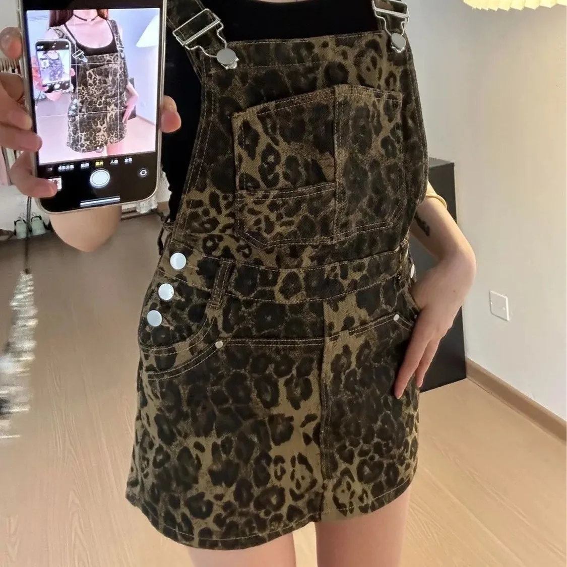 

Retro Leopard Print Denim Overalls Short Skirt Women's High Street Loose Slimming A- Line Mini Skirt Summer New Style