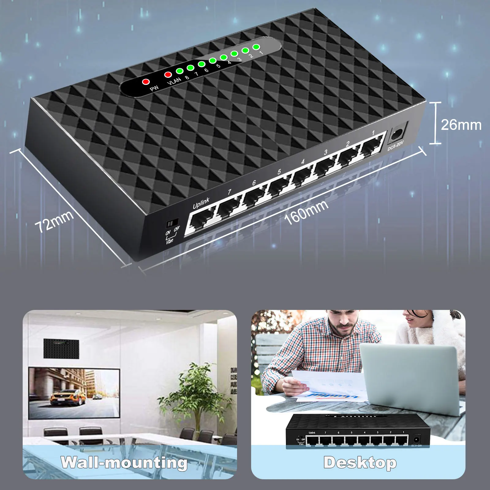 TEROW Gigabit Network Switch 8 Port 1000Mbps Smart Ethernet Switcher High Performance RJ45 Hub Internet Splitter Plug and Play