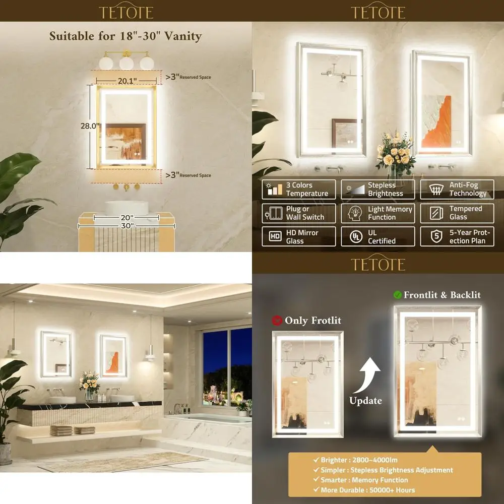 Miroir de courtoisie LED 20 x 28 pouces avec cadre en nickel brossé, éclairage avant et arrière, antibuée, variable en continu, température 3 couleurs