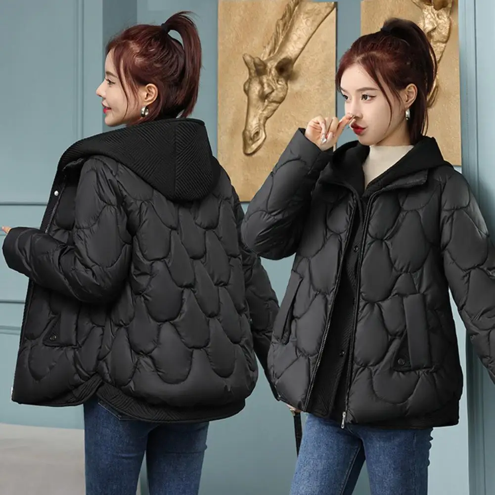 Winter Women Parkas Fake Two-piece Zipper Button Closure Padded Hooded Coat Pure Color Turn-down Collar Short Type Down Jacket