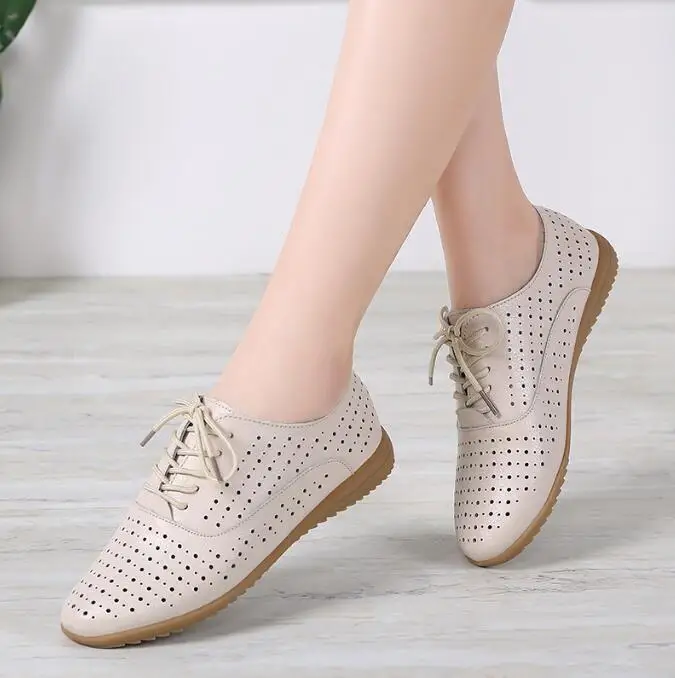 Women Shoes Flats Genuine Leather Shoes Female Fashion Casual Comfortable Women Shoes Solid Lace-up Summer Shoes Woman