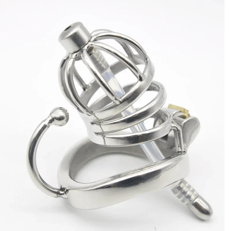 Male Stainless Steel Cuckold Lockdown Penis Chastity Cage Sleeve Ring Chastity Cage with Base Arc Ring Devices BDSM Sex Toys