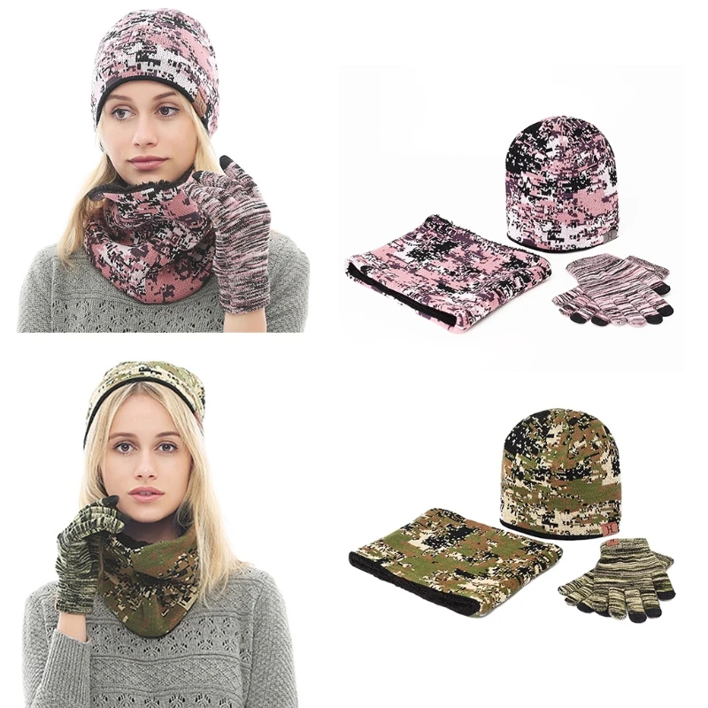 New Men Women Winter 3Pcs Camouflage Knit Beanie Hat Scarf for Touch Screen Gloves Set Thick Plush Lining Skull Neck