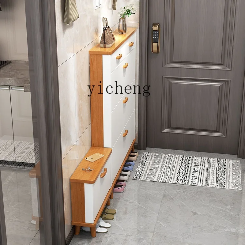 ultra-thin tipping bucket shoe cabinet, stool entrance cabinet integrated solid wood leg shoe