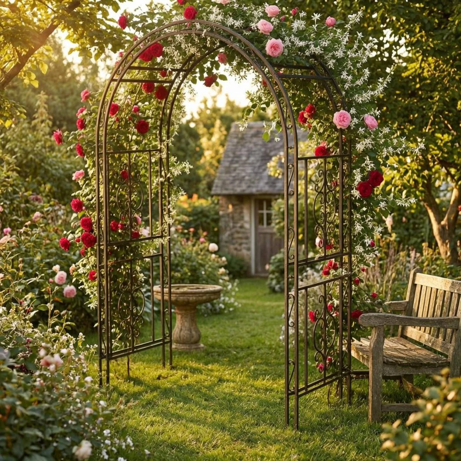 Iron Garden Arch Freestanding Scrollwork Arch Trellis Arched Trellis Ground Stakes Outdoor Structure Rust Resistant for Park