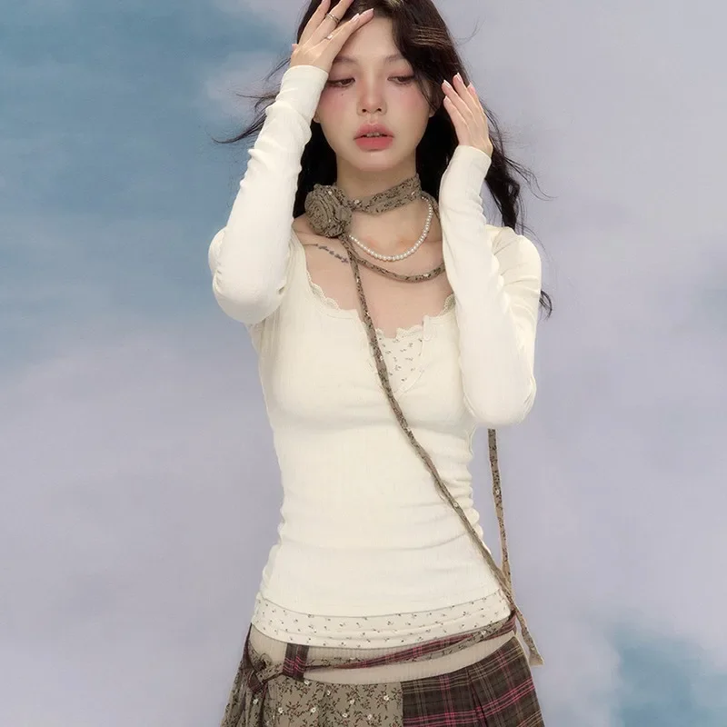 

Женская футболка с японским принтом Y2k, винтажные топы, топы из двух предметов, уличная одежда, футболки в корейском стиле, осенне-зимняя футболка