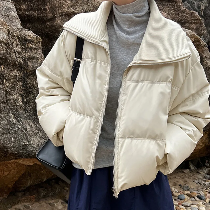 HKSH Winter New Women's Short Down Coat Knitted Large Lapel Patchwork PU Leather Zipper Versatile Casual Ins Warm Jacket HK14431