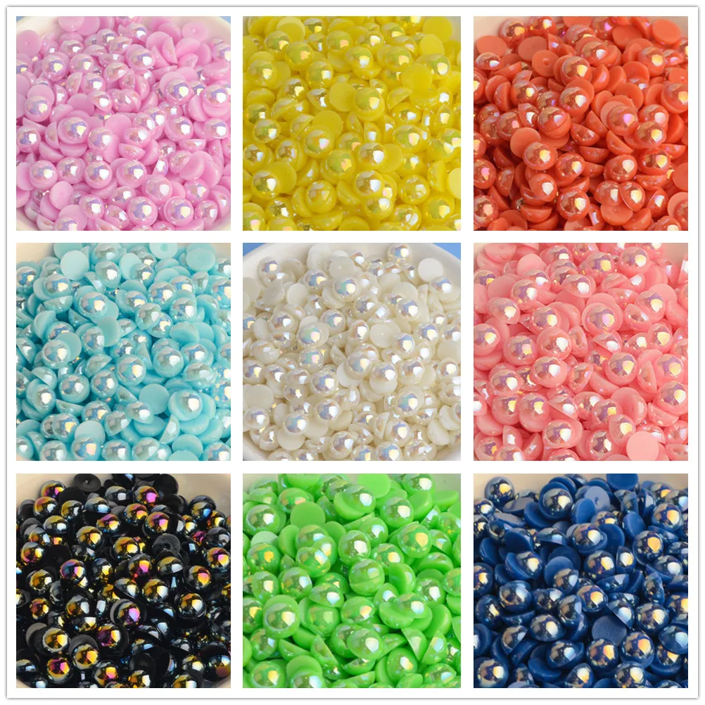 3mm-12mm Mix Size  Half Round AB Pearl plastic Non Hotfix Flat Back Glitters For DIY Nail Craft Decoration