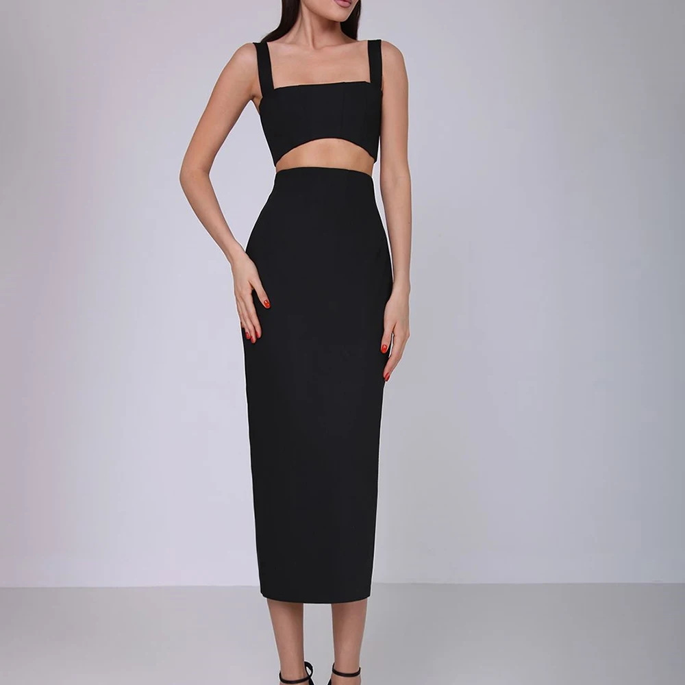 

Classic Celebrity Dress Square Neck Tea Length Sleeveless Jersey Straight Pleats Solid Black Fashion Bespoke Occasion Gowns 2024