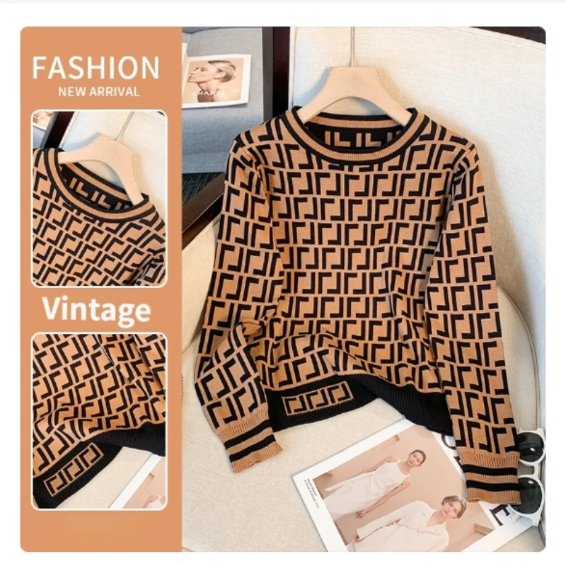 Fashion Women Vintage Plaid Jacquard Sweater Long Sleeve Jumpers Knitwear Autumn Winter Pullovers High Quality Knitted Sweaters