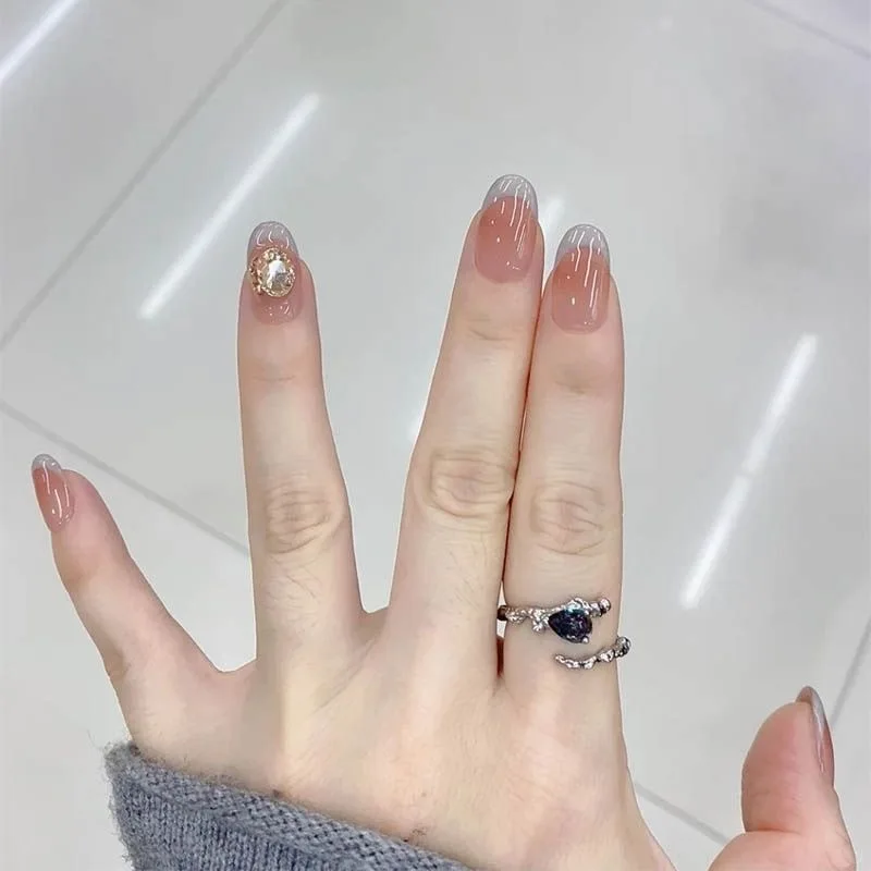 10Pcs Short Oval French Pink Blue Handmade Press on Nails Fake Nails With 3D Diamond Design Wearable Nail Tips Art
