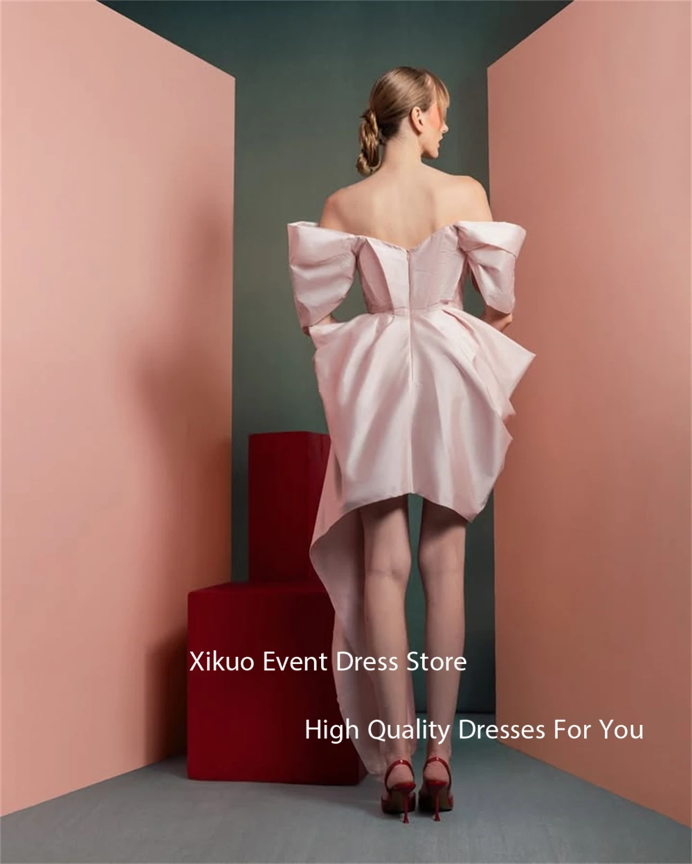 Xikuo gracioso rosa cetim vestido de festa de baile com decote em v sob medida ocasião vestidos de noite acima do joelho cocatail vestidos de noite personalizados