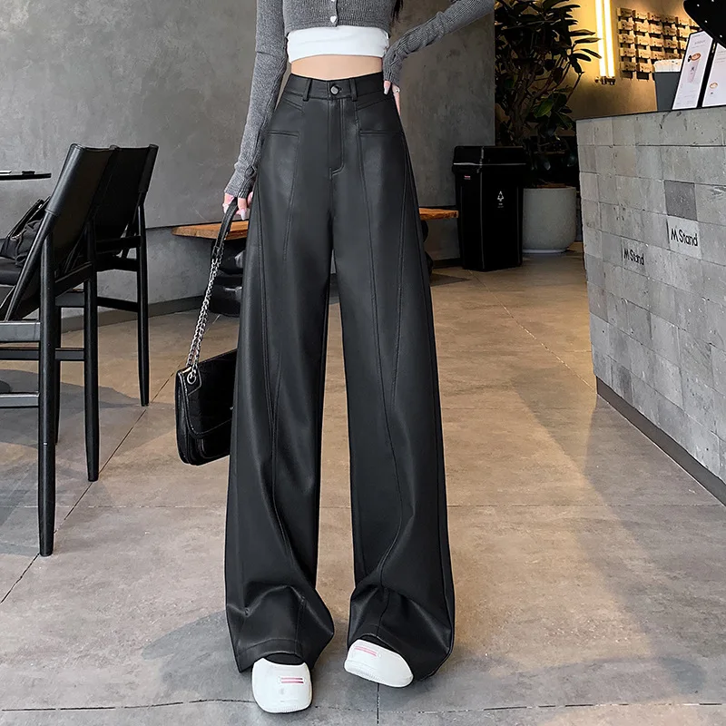 Pantalon en Cuir à Jambes Larges pour Femme, Taille Haute, Couleur Café, Coupe Ample, Tenue Décontractée, Longueur au Sol