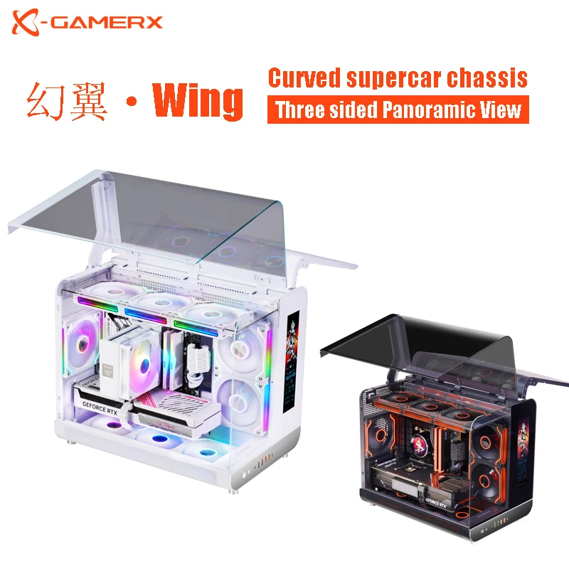 X-GAMERX HUANYI WING MATX Seaview-Raumgehäuse, vertikaler Desktop-Computer, 360-Grad-wassergekühltes Gehäuse, Typ-C-Schnittstelle mit Bildschirm