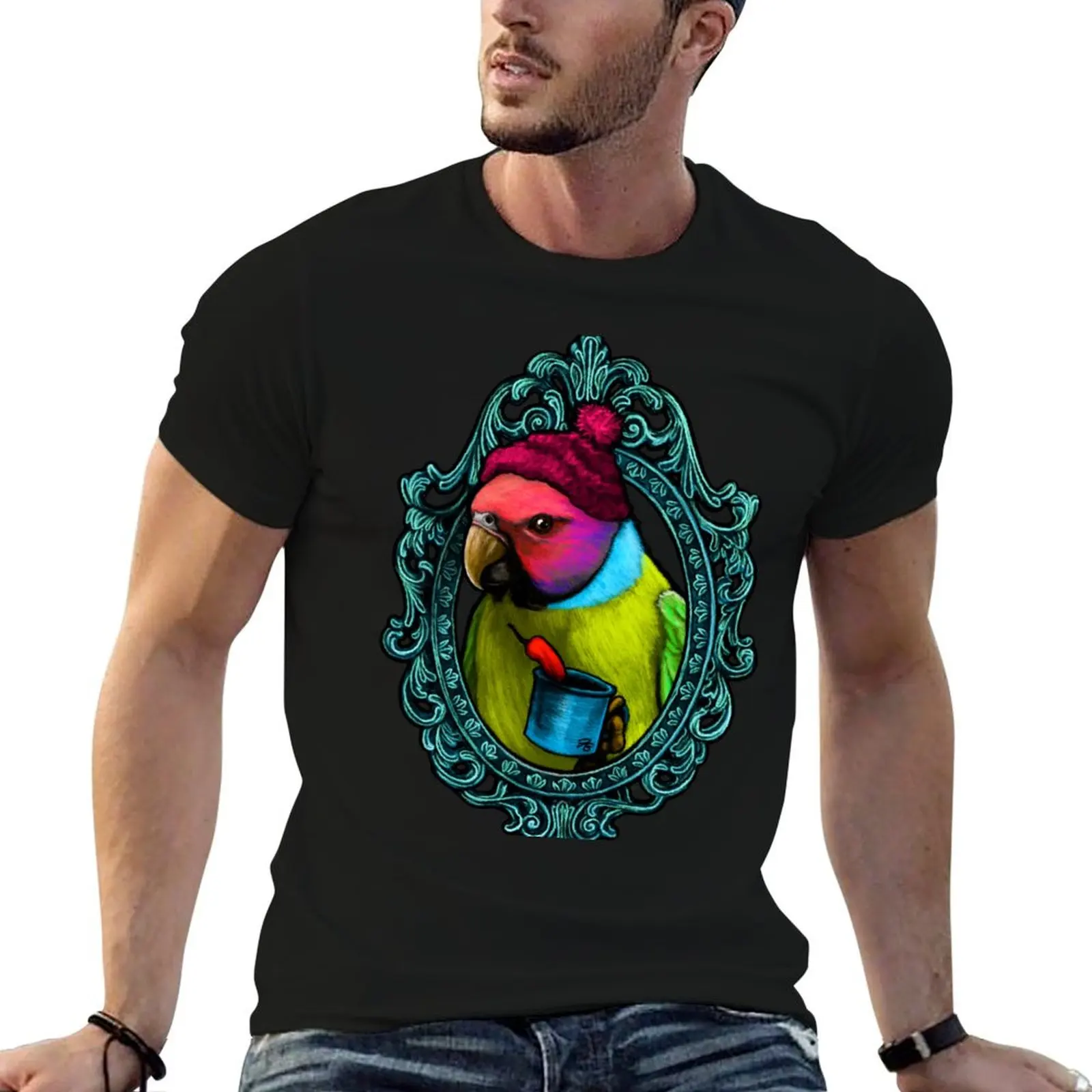 Bird Cameo: Plum Headed Parakeet (Thirsty Bird) T-Shirt Simple Casual Short Sleeve Cotton T-Shirt