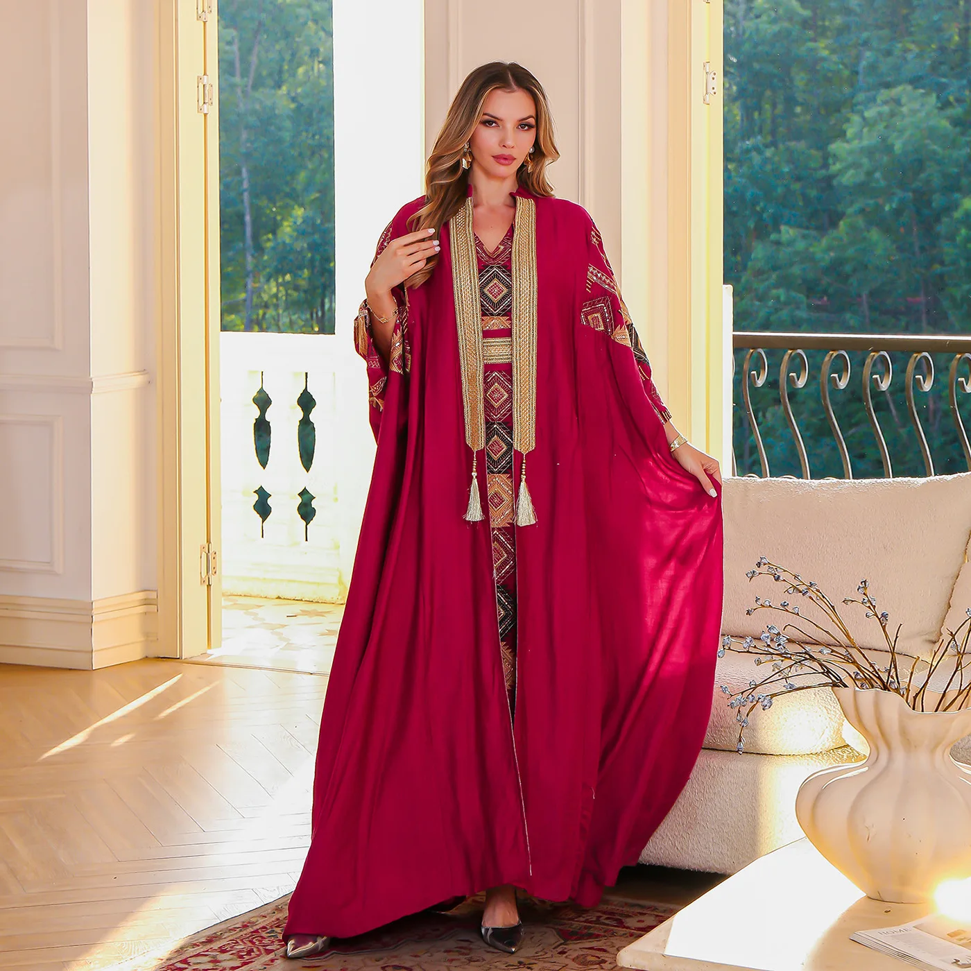 

2025 Eid Muslim Cardigan Robe 2 Piece Set Women Embroidery Dresses Open Abaya Suit Jalabiya Light Luxury Evening Dress